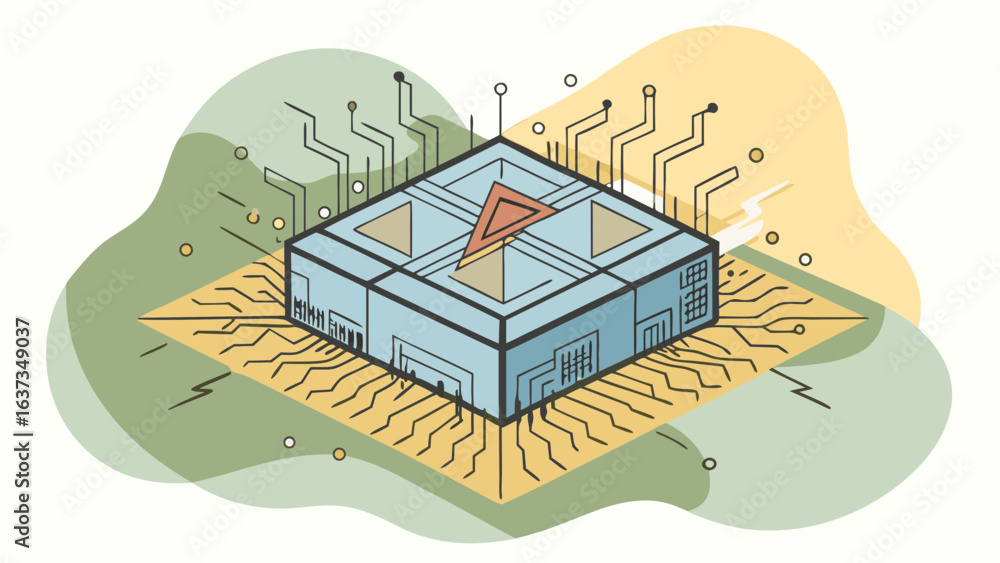 Poster abstract isometric illustration of a futuristic microchip with circuitry and geometric shapes
