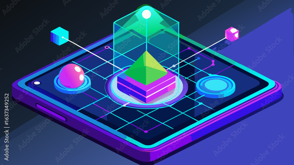 Poster futuristic isometric digital interface showcasing geometric shapes and data connections on a device