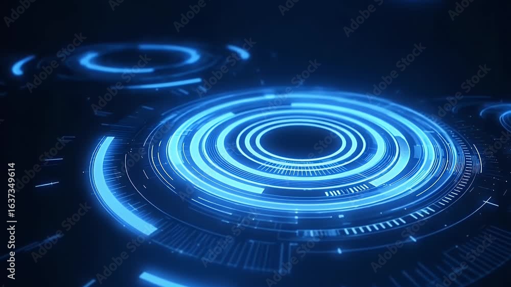 Poster blue background with a futuristic circle in the center, featuring an animated technology and compute