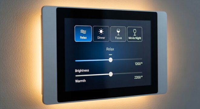 Smart Home Lighting Control Panel with Relax Mode Activated on Wall