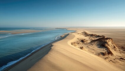 Vast desert dunes meet a tranquil ocean