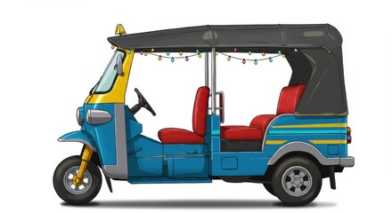 Naklejka premium Colorful Tuk Tuk Illustration with Festive Lights Unique Three Wheeled Vehicle Graphic Design Element Transport Theme Isolated Against White Background