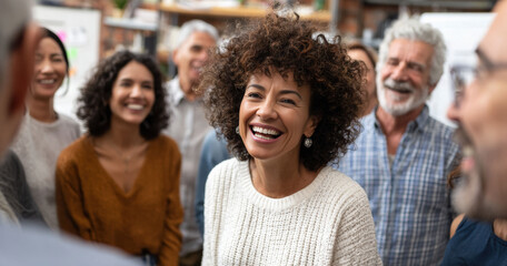 Fototapeta premium Employees celebrating achievements in the office, with smiles, expressions of success, and positive energy.
