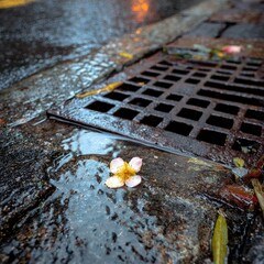 A single, yellow flower rests on a wet, urban drain grate. Rainwater pools around