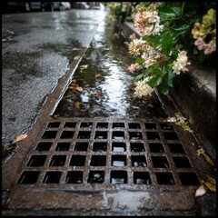 Rainwater flows through a street gutter