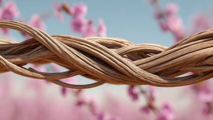 Twisted brown branch against a soft pink blossom background