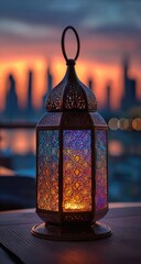 Ornate lantern, glowing warmly, against sunset backdrop