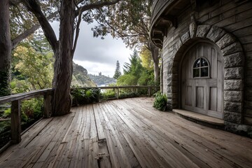 Obraz premium Weathered oak deck in front of charming countryside cabin with rustic appeal
