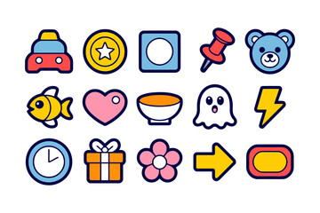Collection of cute kawaii style icons isolated on transparent background