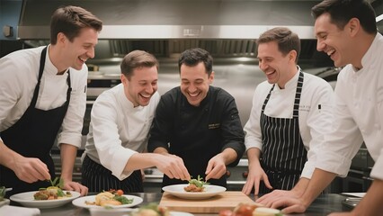 Chefs in a professional kitchen preparing and presenting dishes with teamwork and joy.