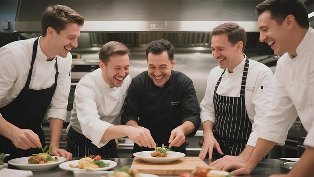 Chefs in a professional kitchen preparing and presenting dishes with teamwork and joy.