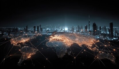Global network at night.  World map overlaid on a city skyline, with glowing connections