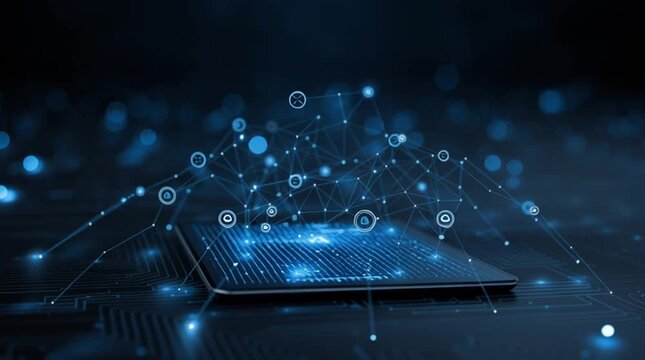 Minimal blue interface with IoT icon connections forming around floating digital tablet, futuristic data network