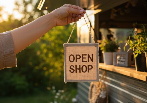 Hand holding an open shop sign outside a small business with warm sunlight - Powered by Adobe