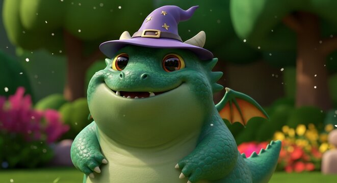 Suessig Drache lacht sanft im Zauberwald zartes Licht. AI Generated