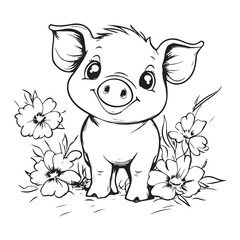 Obraz premium Cute Pig in Grass with Flowers Line Art vector silhouette