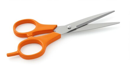 Orange Handled Scissors on White Background Sharp Silver Blades Open for Cutting