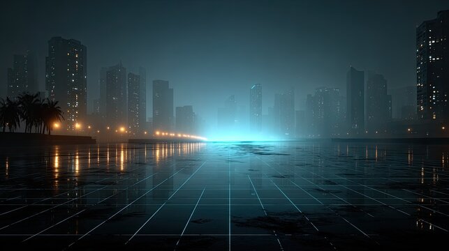 Foggy city at night, glowing path