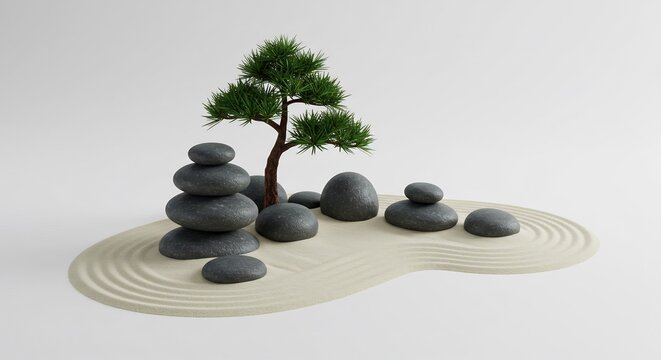Ruhiger Zen Garten Steine Baum sanftes Licht. AI Generated