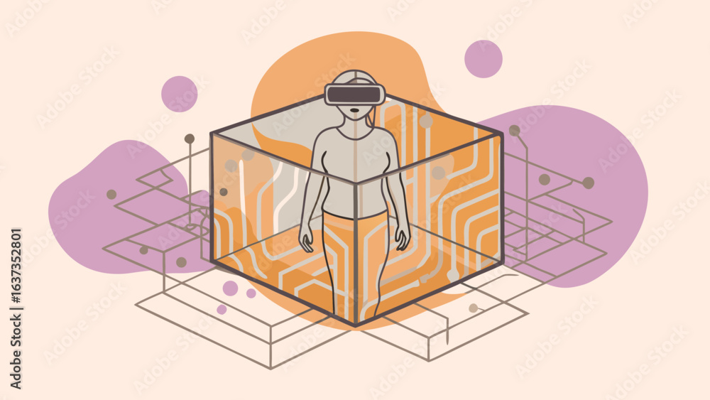 Poster person wearing a vr headset inside a transparent cube with circuit board patterns and abstract shape