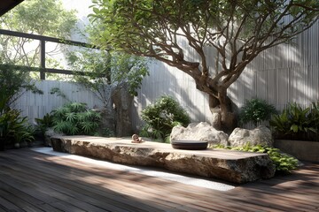 Fototapeta premium Acacia wood terrace in zen meditation garden for peaceful and natural retreat