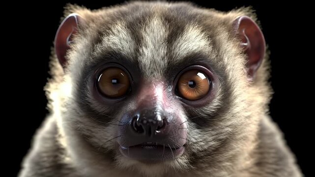 Detailed Portrait of a Sunda Slow Loris Nycticebus Coucang Eye-Level with Striking Brown Eyes Beige and Brown Fur in a Black Background Close Up High Resolution and Detailed Features Showcase Exotic