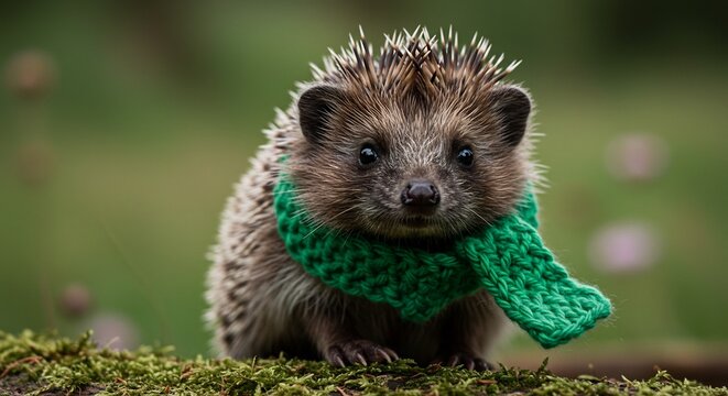 Suesser Igel tragt weichen Schal zauberhaftes Herbstlicht. AI Generated