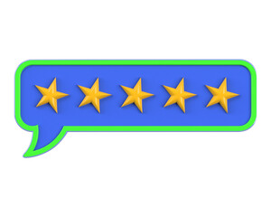 3d render Five golden stars inside a blue speech bubble with a green border isolated on transparent background