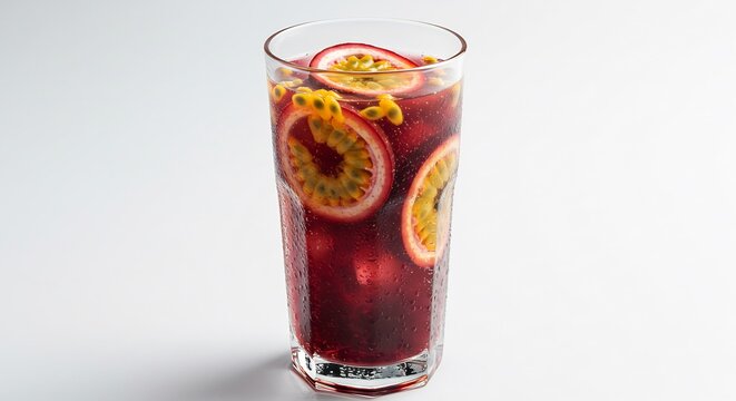 Erfrischendes Passionsfruchtgetrank leuchtend rot frisch elegant fotografiert. AI Generated