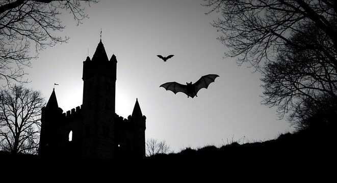 Gothic castle silhouette with bats