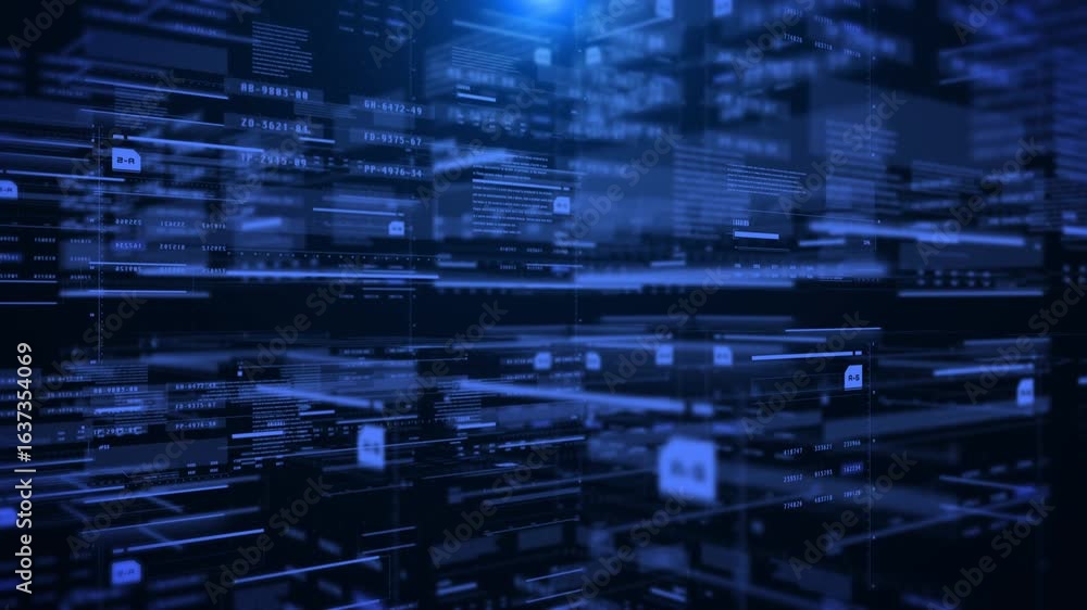 Poster futuristic digital data network with cybersecurity and artificial intelligence interface in blue vir