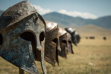 Ancient metal helmets, lined up in a field, facing forward, against a mountain backdrop