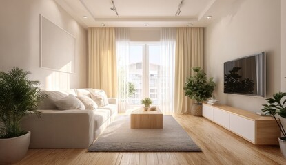 Modern, bright living room with beige couch, wooden accents, and large windows