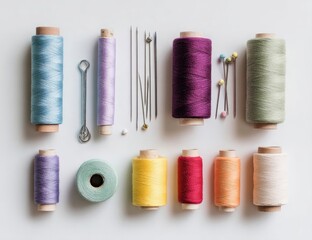 Colorful spools of thread, sewing needles, and pins arranged on a white background