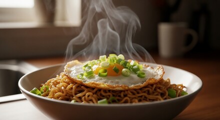 Steaming Noodles with Fried Egg and Green Onions in Bowl