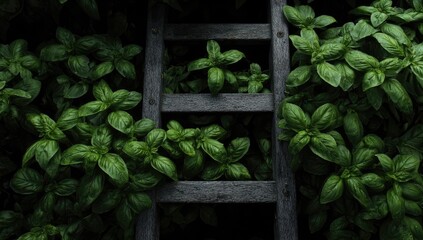 Aged wooden ladder amidst lush basil plants
