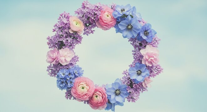 Pastellfarbener Blumenkranz leuchtet sanft zarte Bl�ten Fr�hlingsfrische. AI Generated