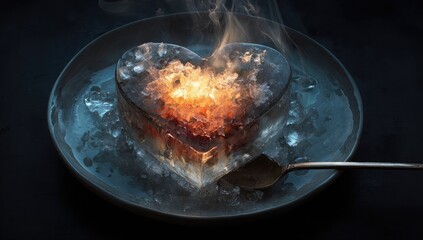 Heart-shaped ice sculpture, burning embers inside, steam rising