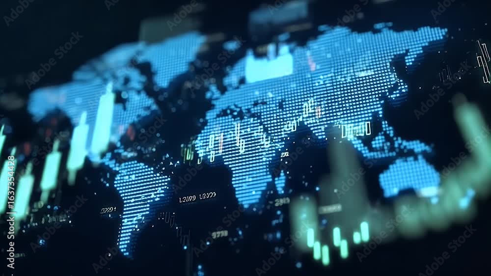 Poster glowing green light path blue world map background, with a minimalistic design featuring simple line