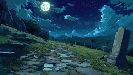 A stone path winds through a moonlit graveyard at night, surrounded by hills and ancient stone structures