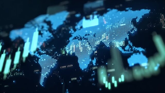 Glowing green light path blue world map background, with a minimalistic design featuring simple lines and shapes.