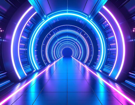 Futuristic tunnel with vibrant neon lights and reflective floor - Powered by Adobe