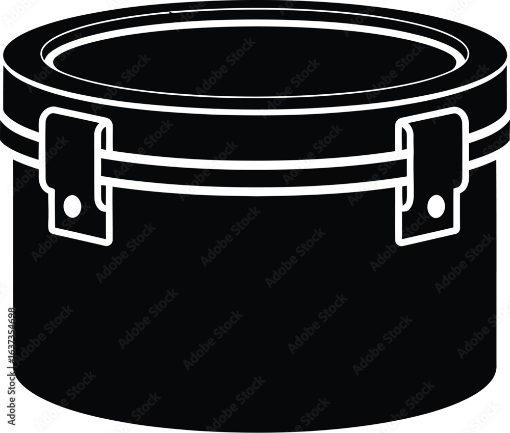 Poster silhouette of a round metal lunchbox with handle is a container for food storage, perfect for picnic