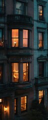 Warm light from windows of a stately building at night