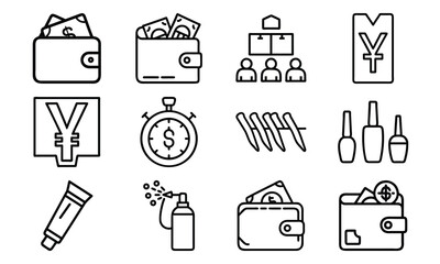 Set of Line Art Icons – Wallet, Currency, Cosmetics, Beauty Tools, and Business Finance Symbols in Minimal Outline Style