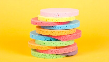 Colorful sponge circles stacked against yellow background