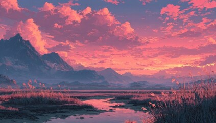 Sunset over a mountain valley.  Pink clouds, calm river