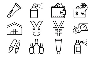 Set of Line Art Icons – Wallet, Currency, Cosmetics, Beauty Tools, and Business Finance Symbols in Minimal Outline Style