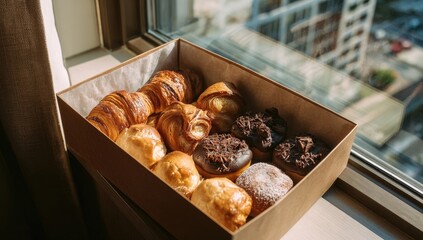 Assorted pastries in a brown box on a windowsill