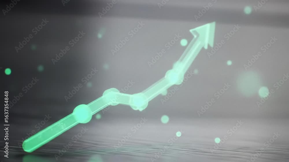 Poster changing green line graph with upward arrow and flowing particles. business growth and financial inv